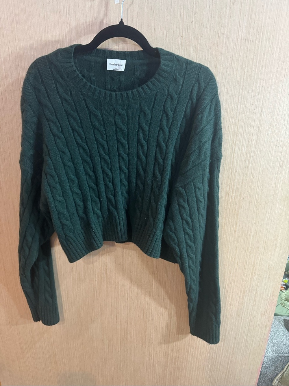 Sunday Best Forest Green Cable Knit Cropped Crew Sweater Size Medium